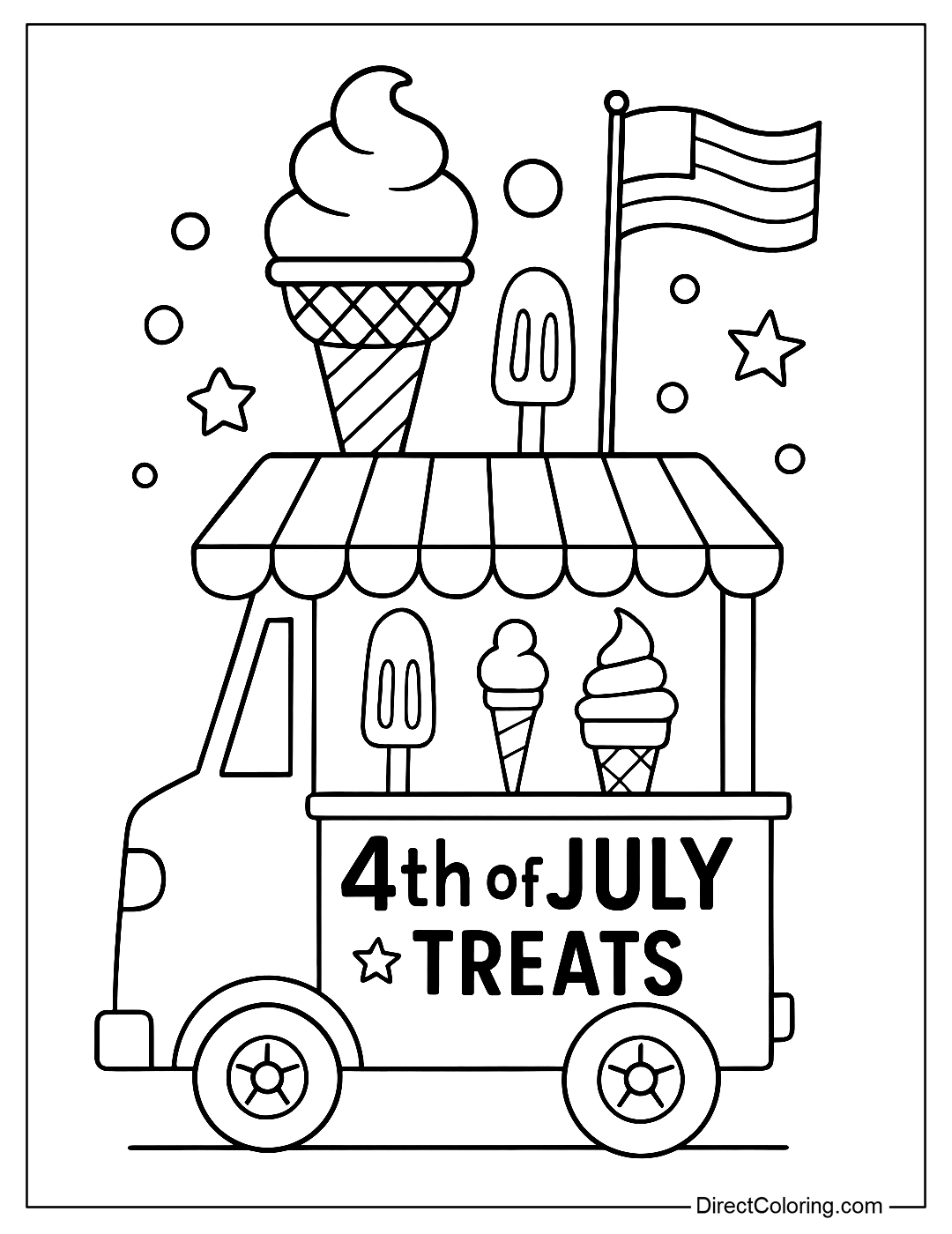 A coloring page of a mini ice cream cart selling ice cream with a 